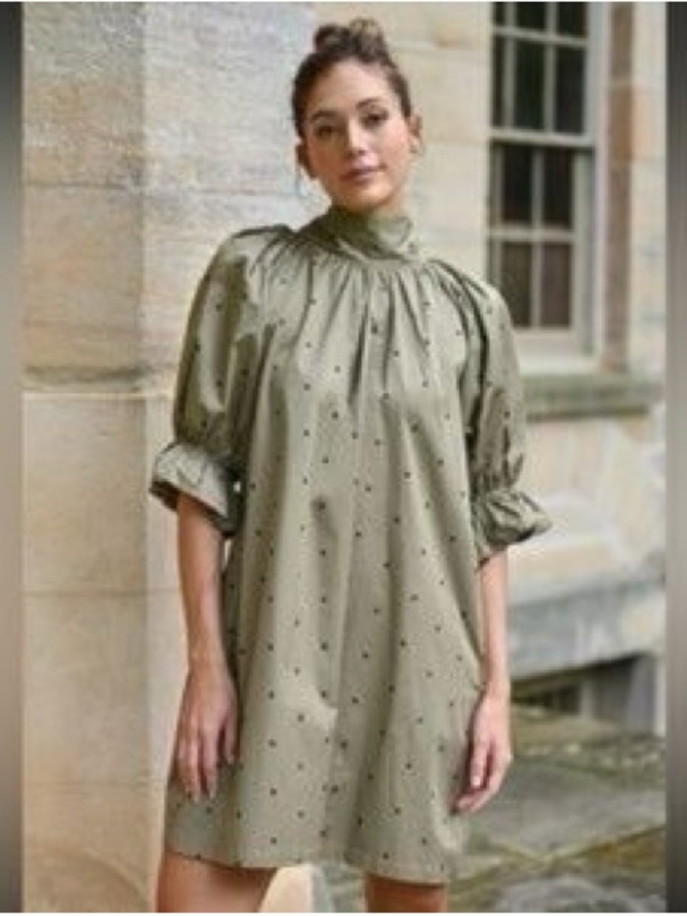 Wyatt Wylde Adrian Olive Polka Dot Mini Dress with Puff Sleeves, size small - Picture 2 of 7